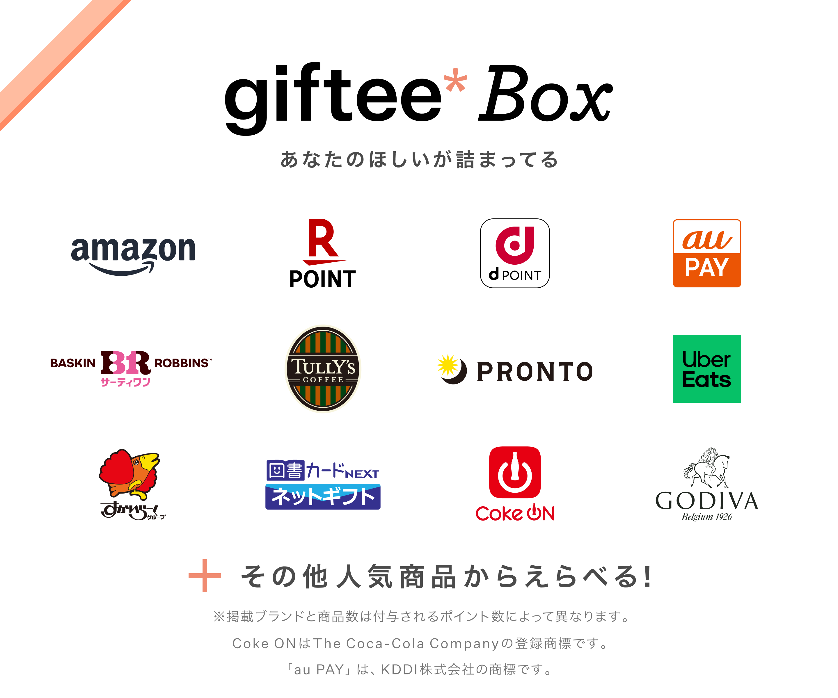 giftee Boxで交換できるブランドの例：Amazon・楽天ポイント・dポイント・au PAY・サーティワン・タリーズコーヒー・PRONTO・Uber Eats・すかいらーく・図書カードNEXT・Coke ON・GODIVA など